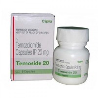 A box and a bottle of Temozolomide 20mg Caps 