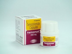 A box and a bottle of Temozolomide 250mg Caps