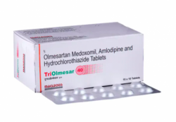 A box and a blister of Olmesartan Medoxomil (40mg) + Amlodipine (5mg) + Hydrochlorothiazide (12.5mg) tab