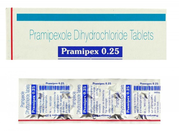 A box and a blister of Pramipexole 0.25 mg Tab