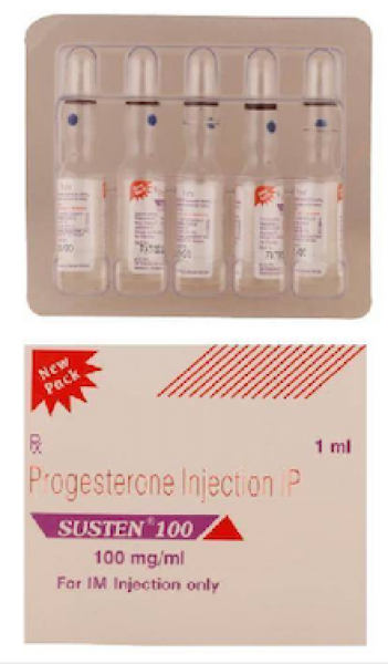 A box pack and 5 vials of generic Progesterone 100mg/ml injection