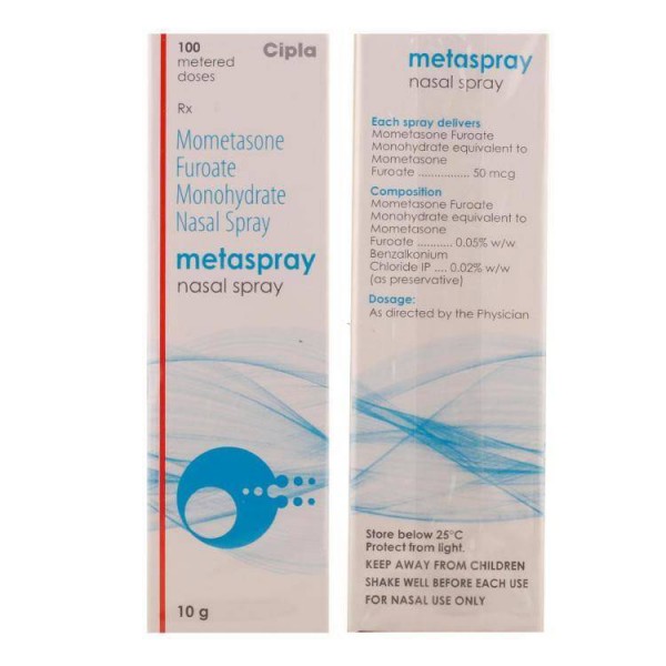 Front and back side of a box of Mometasone Nasal Spray 50 mcg-  100 Doses