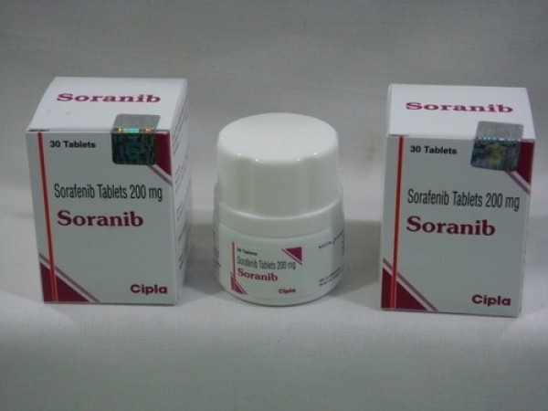 Two boxes and a bottle of Sorafenib 200mg Tab
