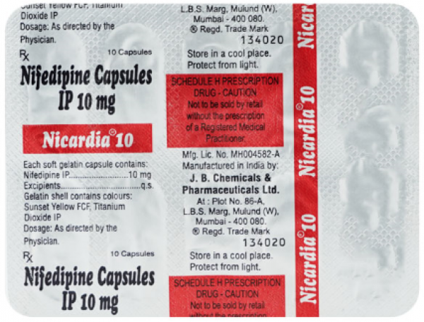 Box and a blister of Generic Procardia 10 mg Caps - Nifedipine