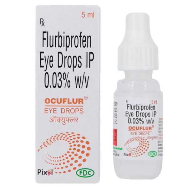 An eye dropper and a box of Flurbiprofen Eye Drop - 5ml