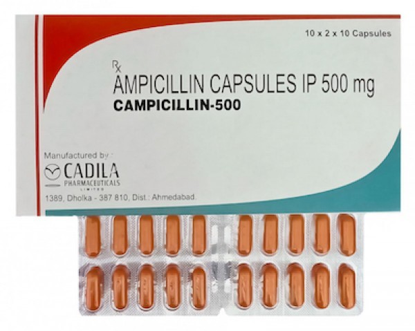 Box and blister strip of generic ampicillin 500mg capsules