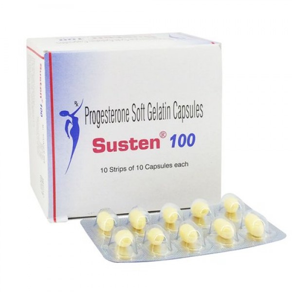 A box and a strip of Progesterone 100 mg Caps