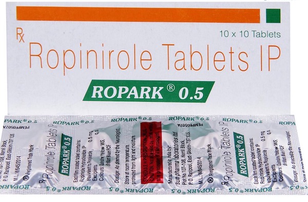 A box and a blister of Ropinirole 0.5 mg Tab