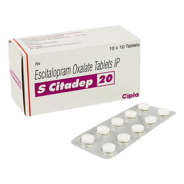 Box and a blister of generic Escitalopram Oxalate 20mg tablets