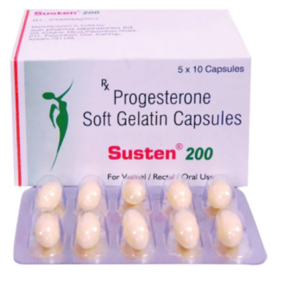 A box and a blister of Progesterone 200mg capsules