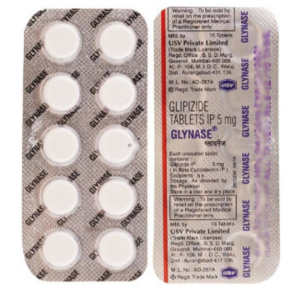 Two strips  with front and back side of Glipizide 5mg Tab