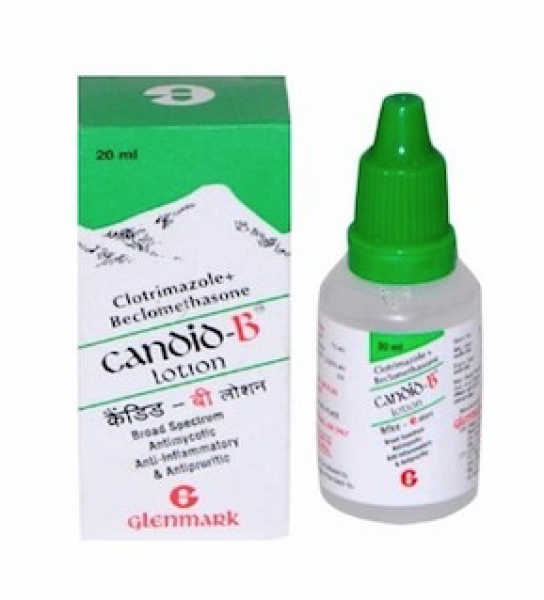 A box and bottle of Generic Beclomethasone ( 0.025 % ) + Clotrimazole ( 1 % ) Lotion 30ml