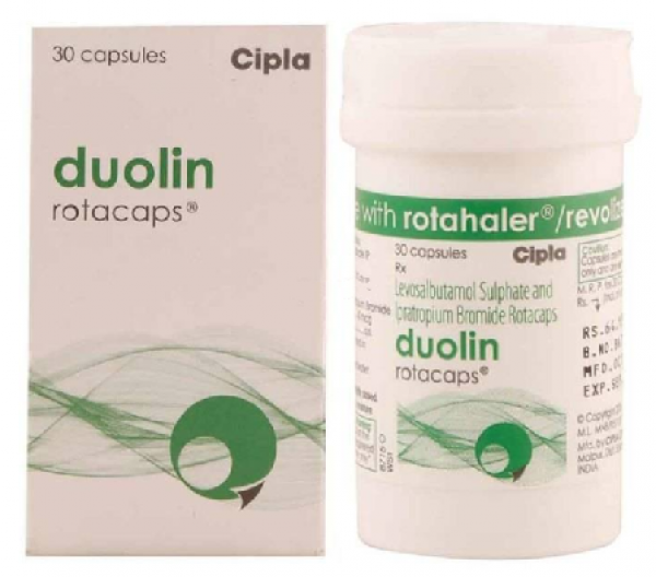 Box pack and a bottle of generic Levalbuterol (100mcg) + Ipratropium (40mcg) Rotacaps with Rotahaler