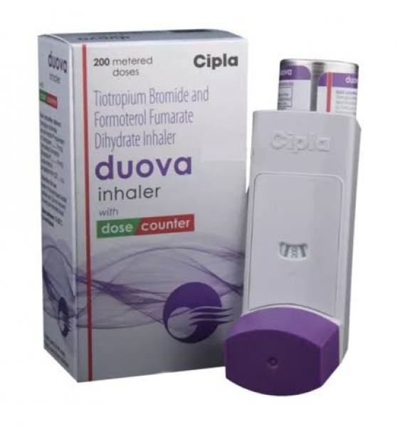 Box pack and a pump of generic Formoterol (6mcg) + Tiotropium (9mcg) Inhaler