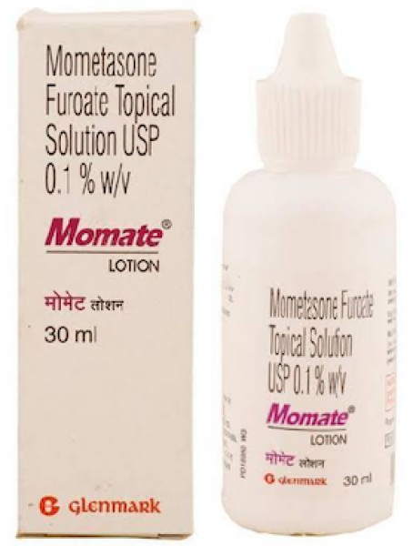 A box and a bottle of Generic Elocon 0.1 % Lotion 30ml - Mometasone