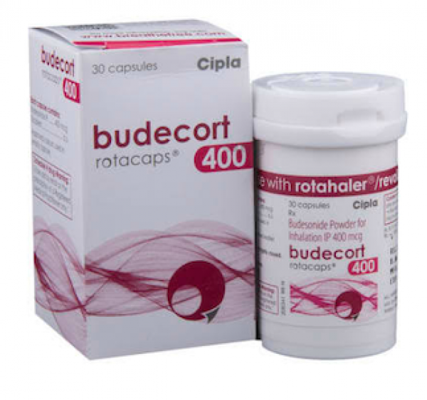 Box and a bottle of generic Budesonide 400mcg  Rotacaps with Rotahaler