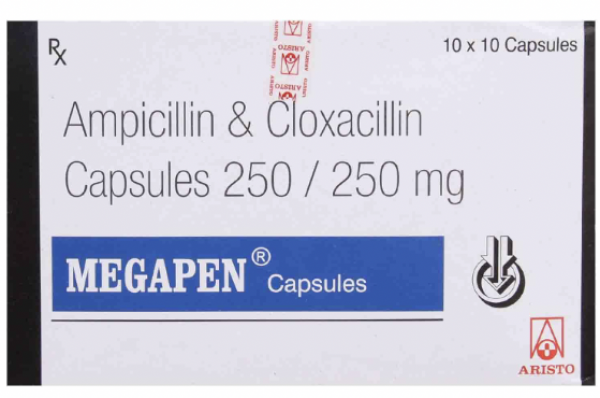 A box of Ampicillin (250mg) + Cloxacillin (250mg) Capsules