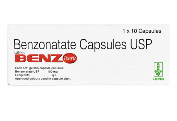 A box pack of Benzonatate 100mg capsules