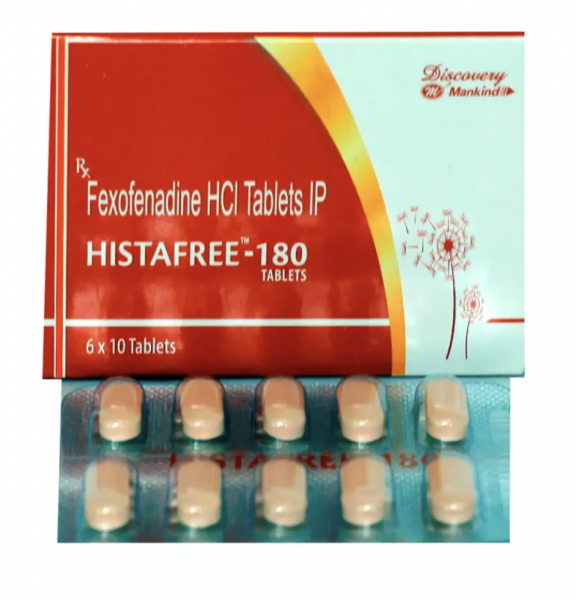 Box pack and front and backside of a blister strip of generic Fexofenadine Hcl 180mg tablets