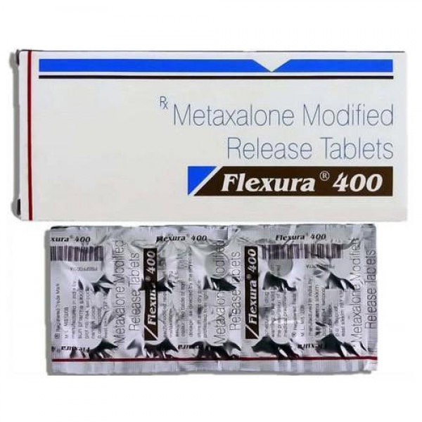 A box and a blister of Metaxalone  400 mg Tab