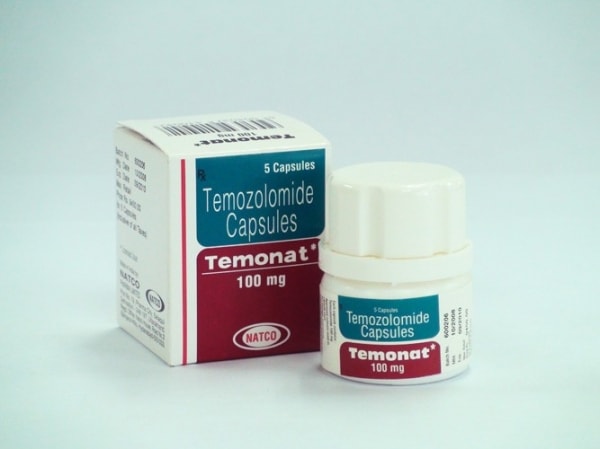 A box and a bottle of Temozolomide 100mg Caps