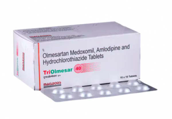 A box and a blister of Olmesartan Medoxomil (40mg) + Amlodipine (5mg) + Hydrochlorothiazide (12.5mg) tab