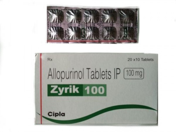 A box and a strip of Allopurinol 100 mg Tab
